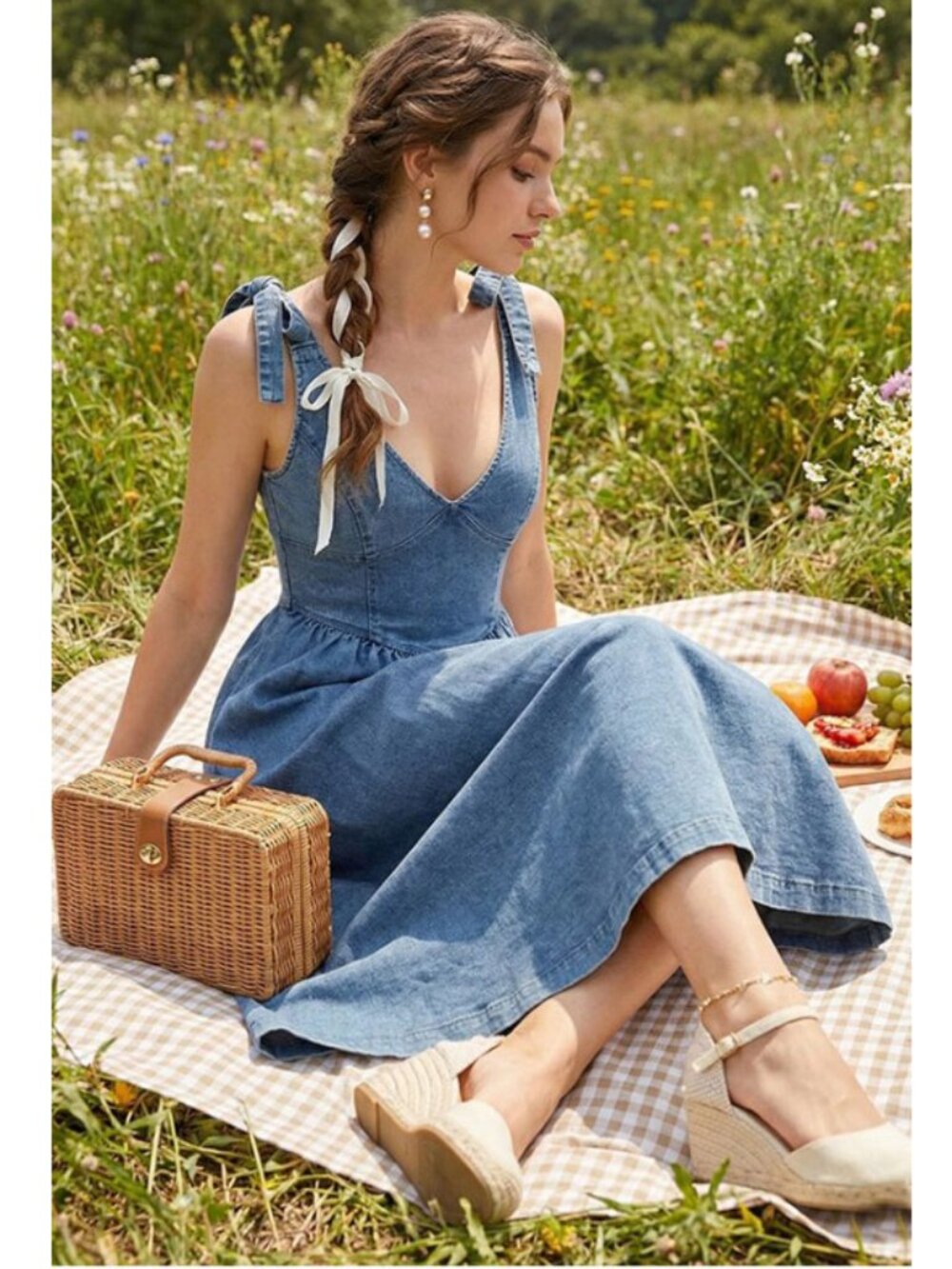 D38. Denim Tie-Shoulder Midi Dress‎